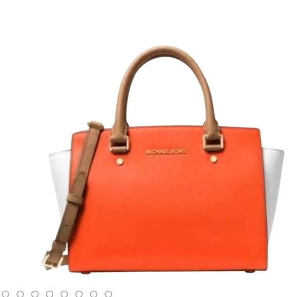Michael Kors Handbags - Michael Kors Leather Crossbody Bag With Handles Top Zipper Closure Orange White